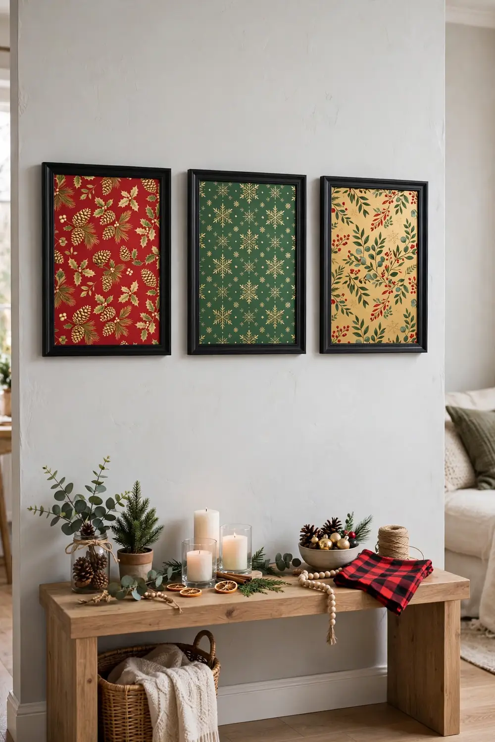 Framed Gift Wrap Wall Art Framed Christmas gift wrap art in black frames on a living room wall, clever dollar tree christmas decor diy