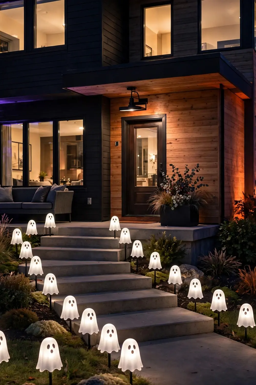 Ghost Pathway Lights Glowing white ghost-shaped pathway lights lining porch steps at night, whimsical halloween front porch decor