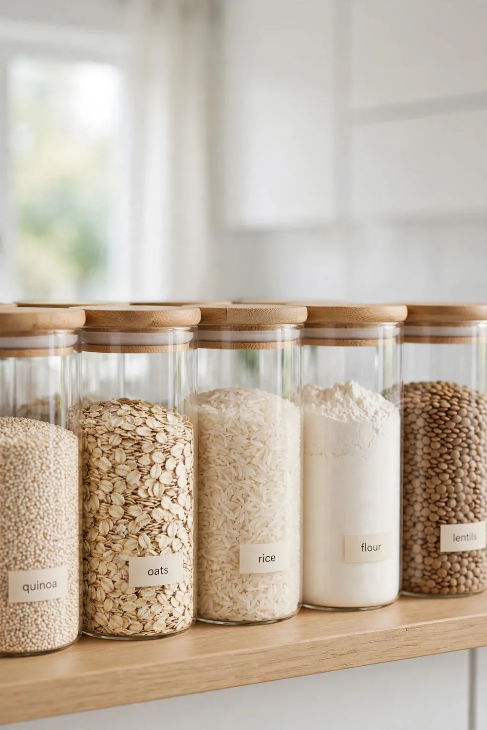 Close up of pantry jars with minimal printed labels in black text on cream