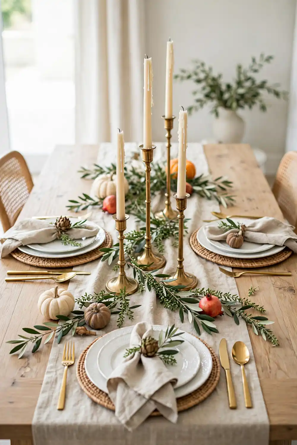 Natural Linen Runner with Brass Candlesticks | Smart Decor Finds Natural linen runner with brass candlesticks in elegant Thanksgiving table decor