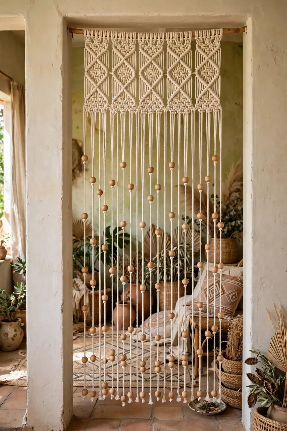 Macrame and wooden bead hybrid curtain in boho doorway