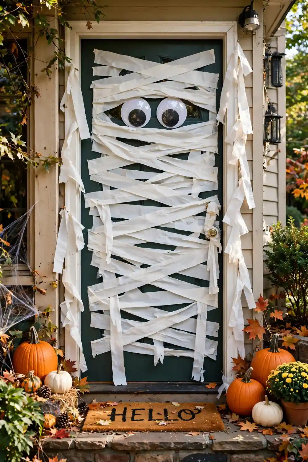 Front door wrapped like a mummy with white streamers and googly eyes, a fun last minute halloween decor idea