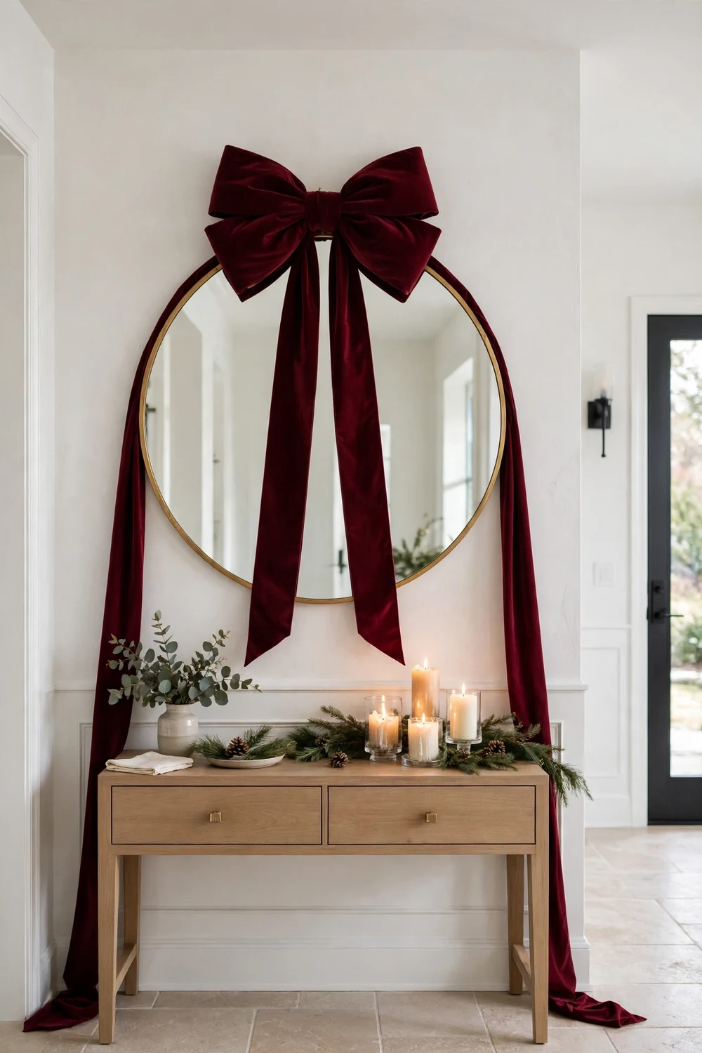 Oversized red velvet bow tied on an entryway mirror