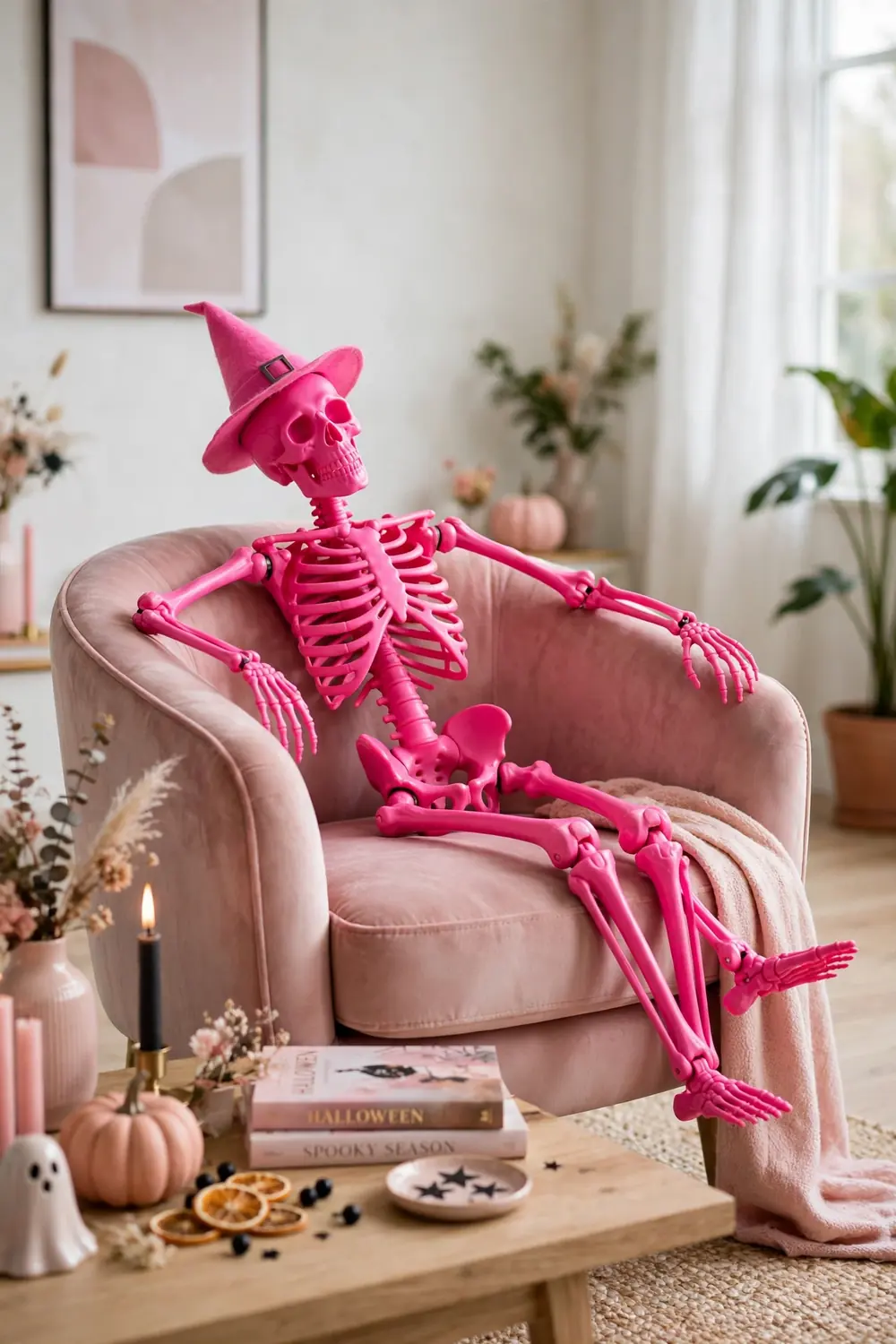 Pink painted skeleton figure posed in a living room, edgy pink halloween decor ideas