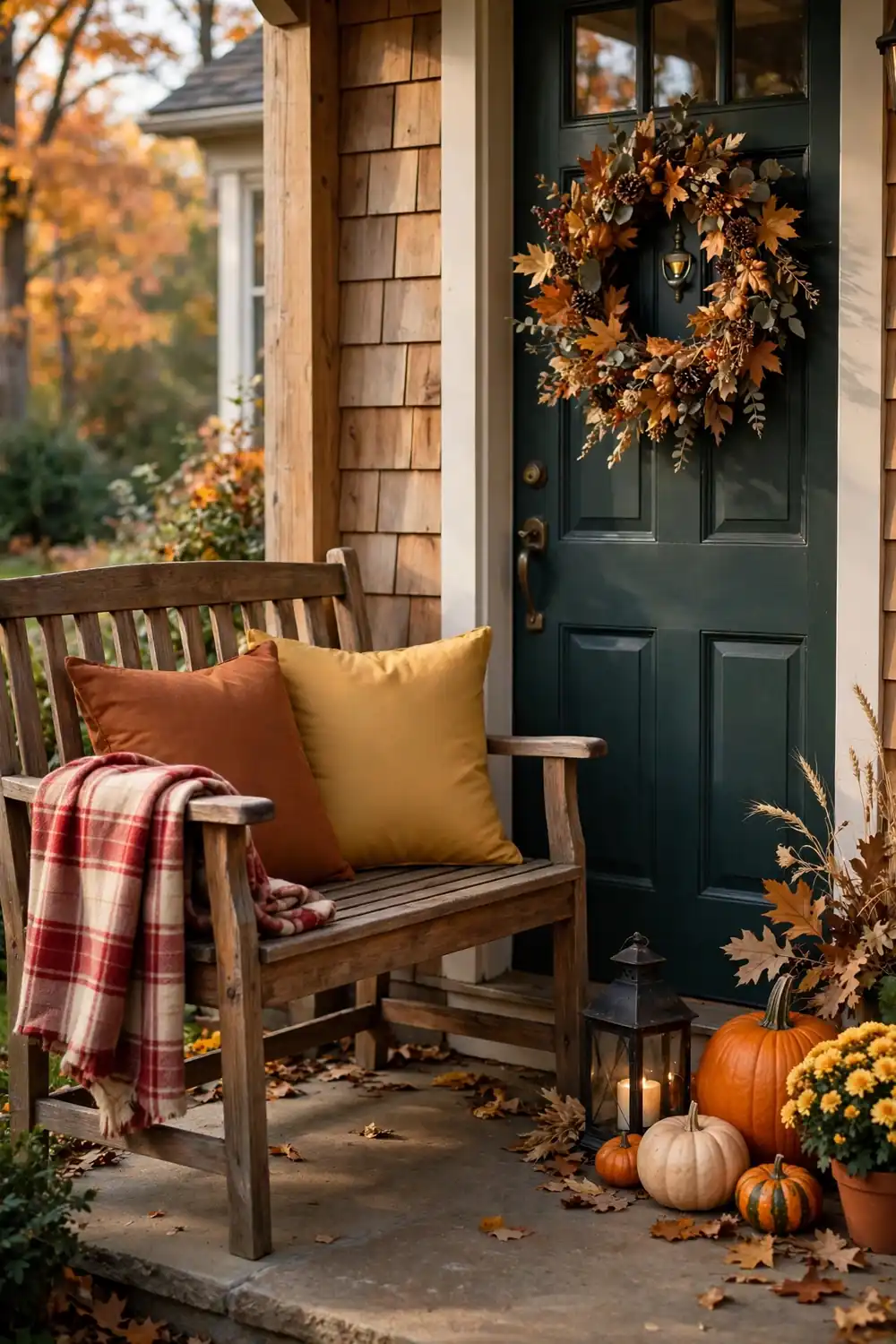 Porch bench with a draped plaid throw beside a fall front door, a cozy entry among fall front door decor ideas