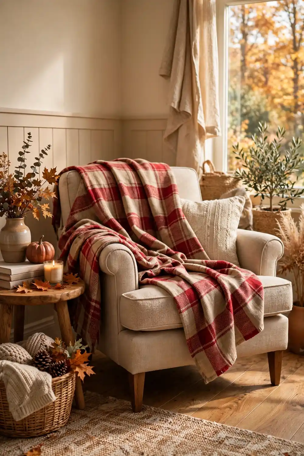 Plaid throw blanket draped over an accent chair, a cozy fall living room decor idea