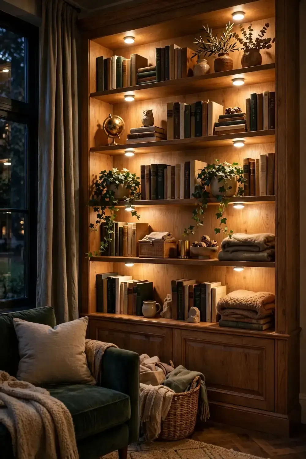 Cozy fall lighting ideas with warm battery puck lights inside a bookshelf
