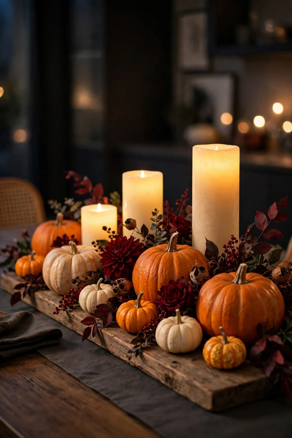 Halloween dining table centerpiece of pumpkins and glowing flameless candles with dark red florals on a wooden board