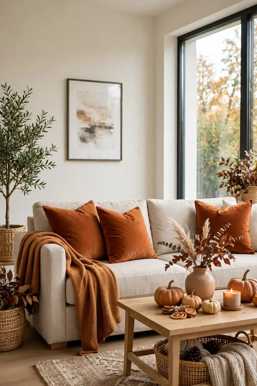 Rust velvet throw pillow styling ideas with a caramel throw blanket on a neutral sofa