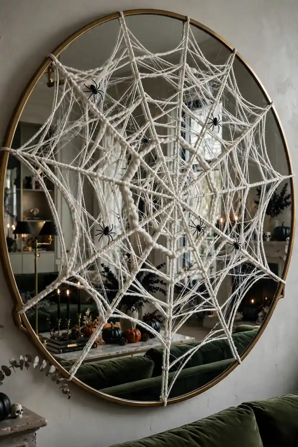 DIY Halloween decorations with yarn spider web on round mirror