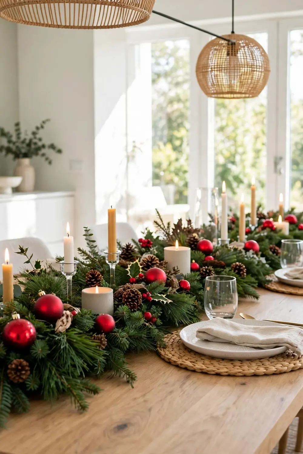 Lush evergreen garland table runner centerpiece with candles, pinecones and red ornaments
