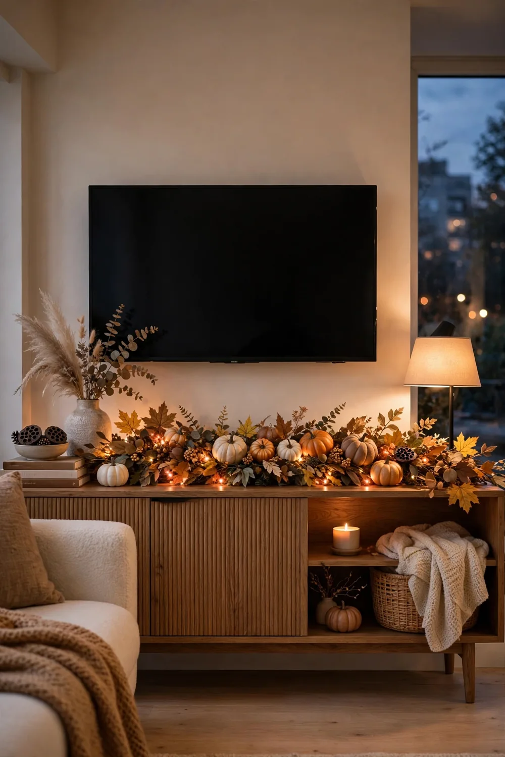 Media console decorated with harvest garland, part of these thanksgiving living room decor ideas