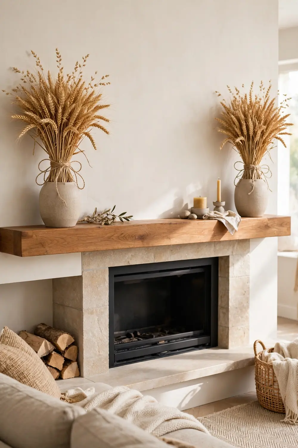 Wheat sheaf bundles on the mantel Thanksgiving mantel decor with wheat sheaf bundles tied with twine in vases