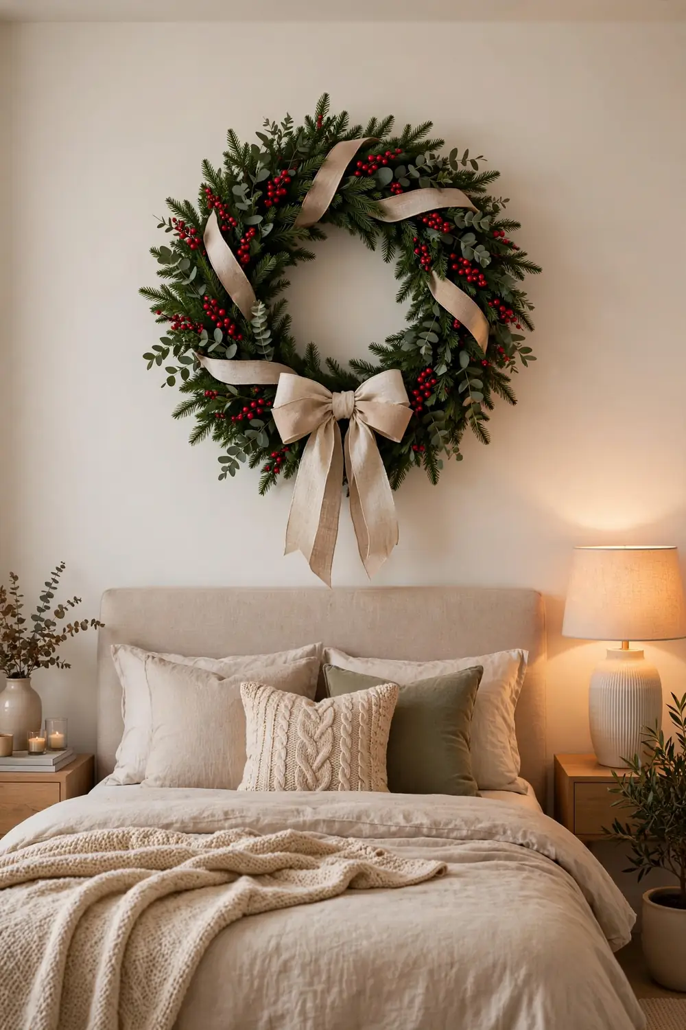 Christmas wreath hung above the headboard Evergreen Christmas wreath with red berries hung above a headboard in christmas bedroom decor