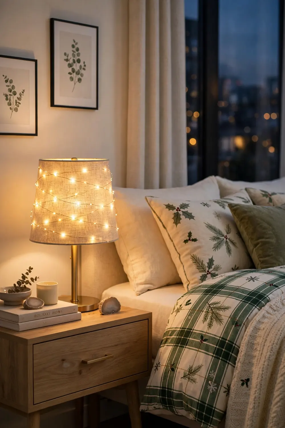 Warm glowing bedside lamp with fairy lights Bedside lamp wrapped with tiny fairy lights glowing warmly in a christmas bedroom decor scene