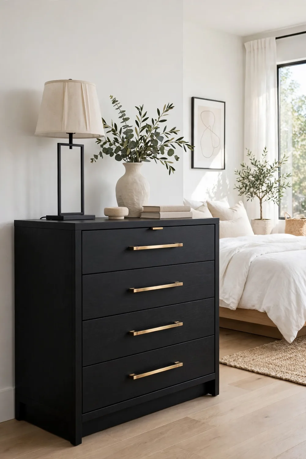 Black and Brass Dresser Flip Dresser painted matte black with brushed brass bar pulls in a modern bedroom