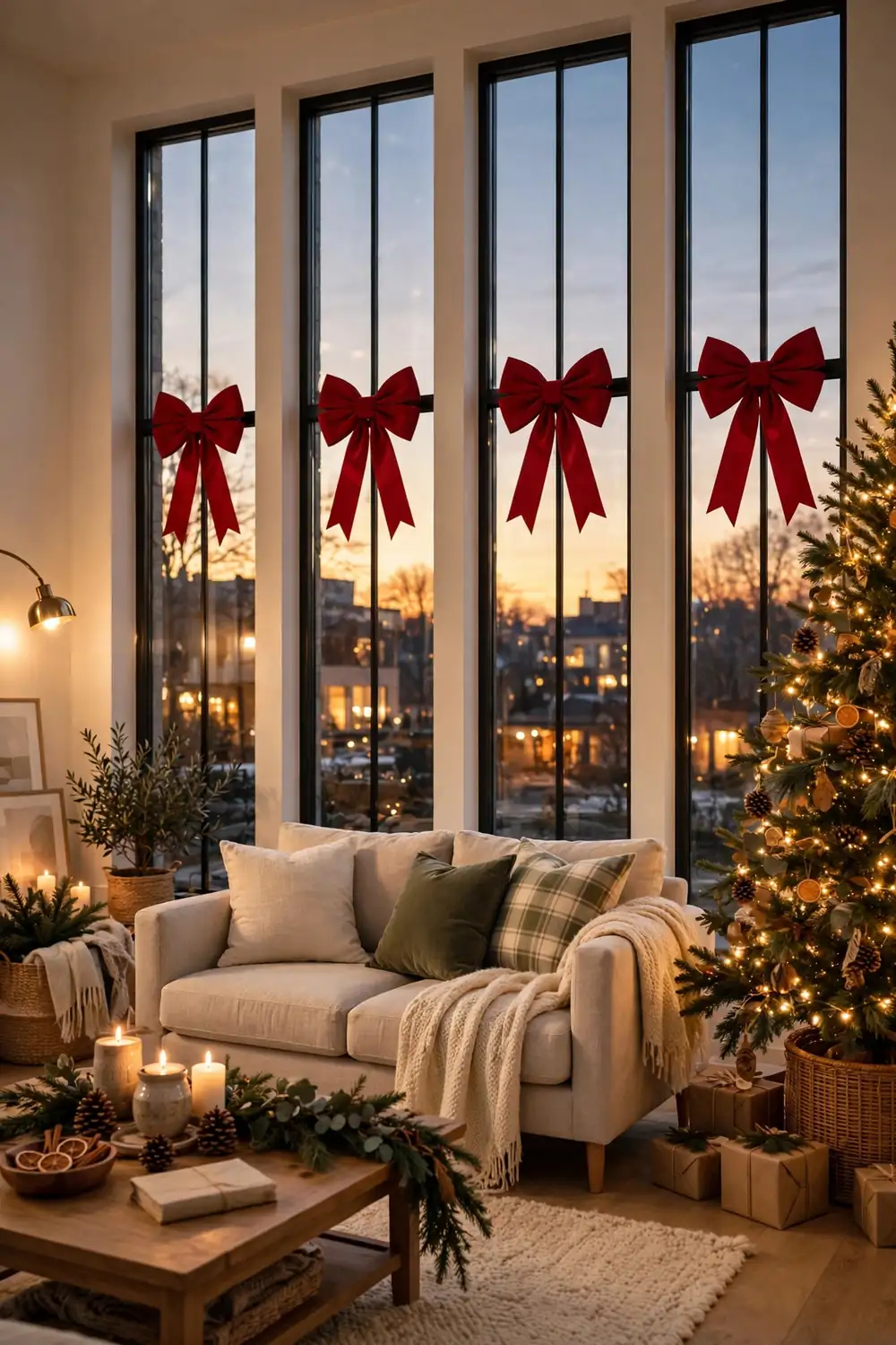 Tall living room windows with large red bows hung at the same height glowing in the evening