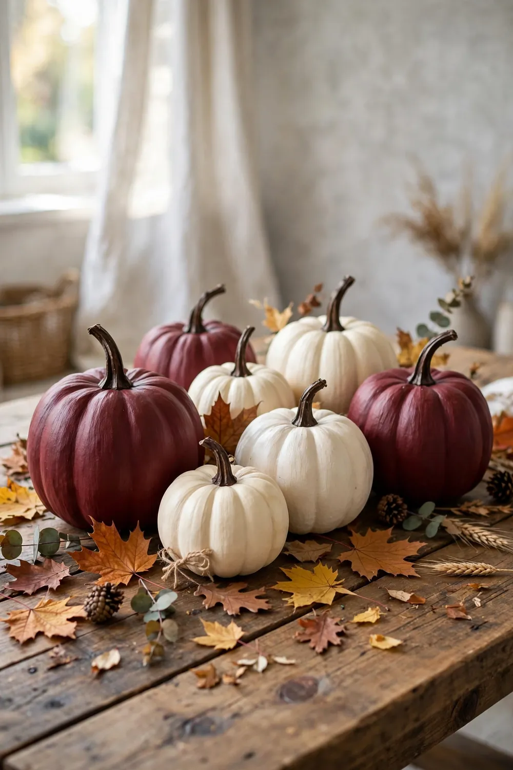 Arrangement of pumpkins painted matte burgundy mixed with cream pumpkins on a wooden table with dark brown stems and scattered fall leaves