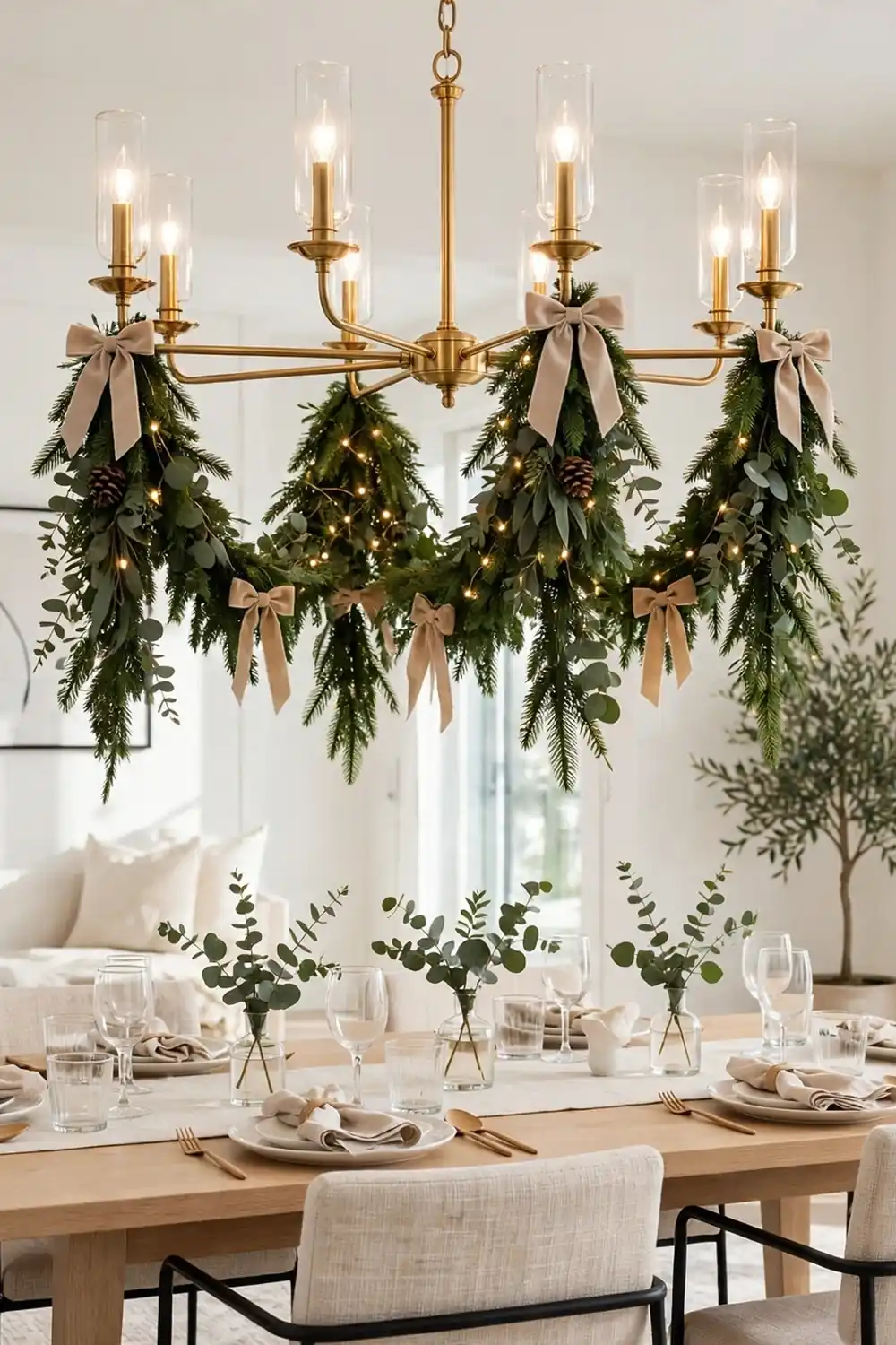 Short evergreen garland swags hanging from a chandelier with small bows and warm lights
