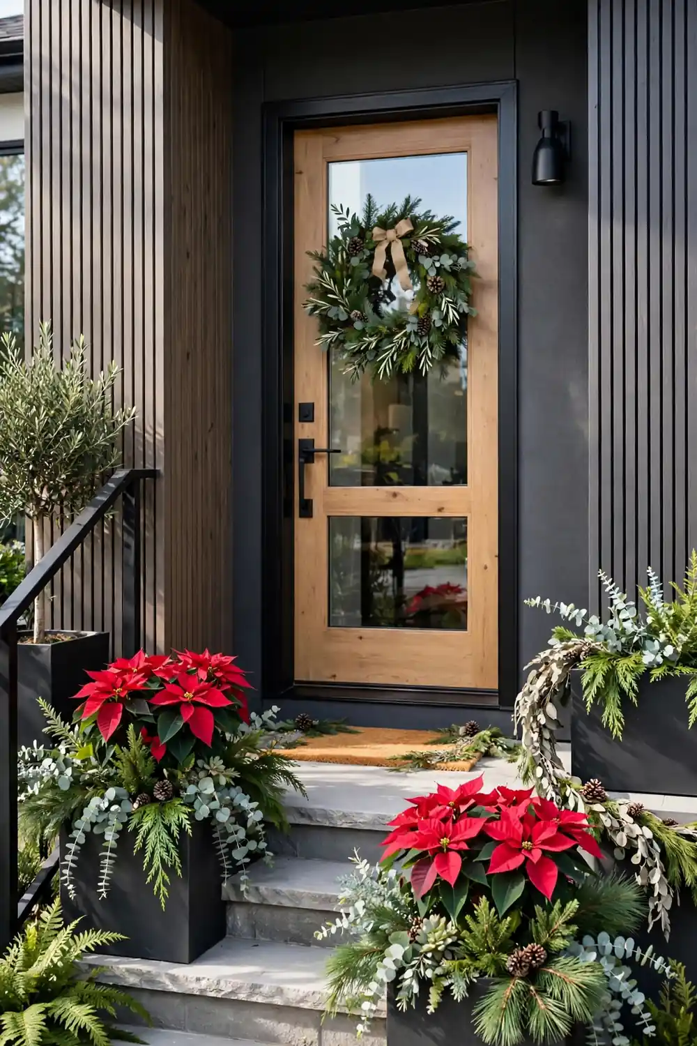 Poinsettia Planters Flanking the Entry Christmas Porch Decor Idea Poinsettia planters flanking a front entry for Christmas, a colorful christmas porch decor idea