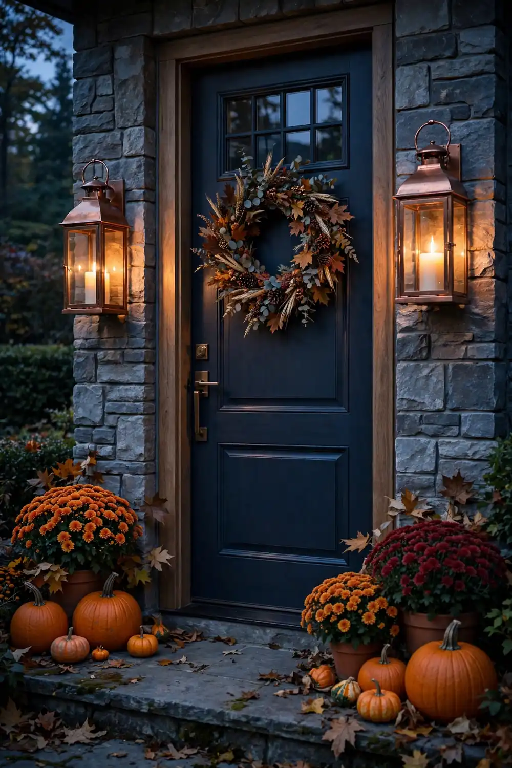 Pair of copper lanterns with glowing candles flanking a fall front door at dusk, warm light from fall front door decor ideas