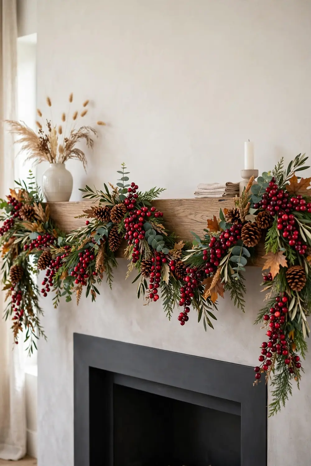 Cranberry and pinecone mantel garland Thanksgiving mantel decor with a cranberry and pinecone garland strand