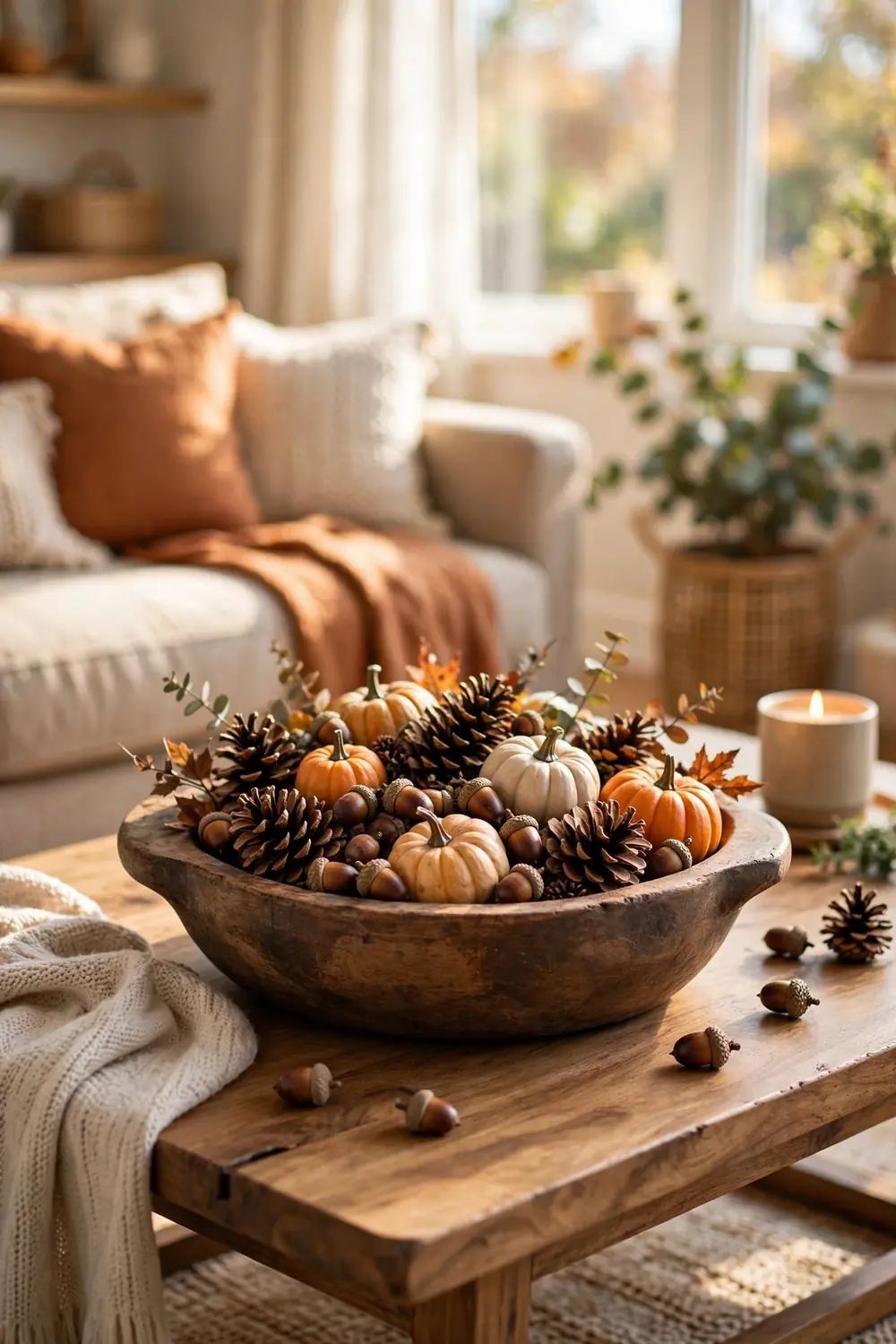 Wooden dough bowl filled with pinecones and pumpkins, a cozy fall living room decor idea