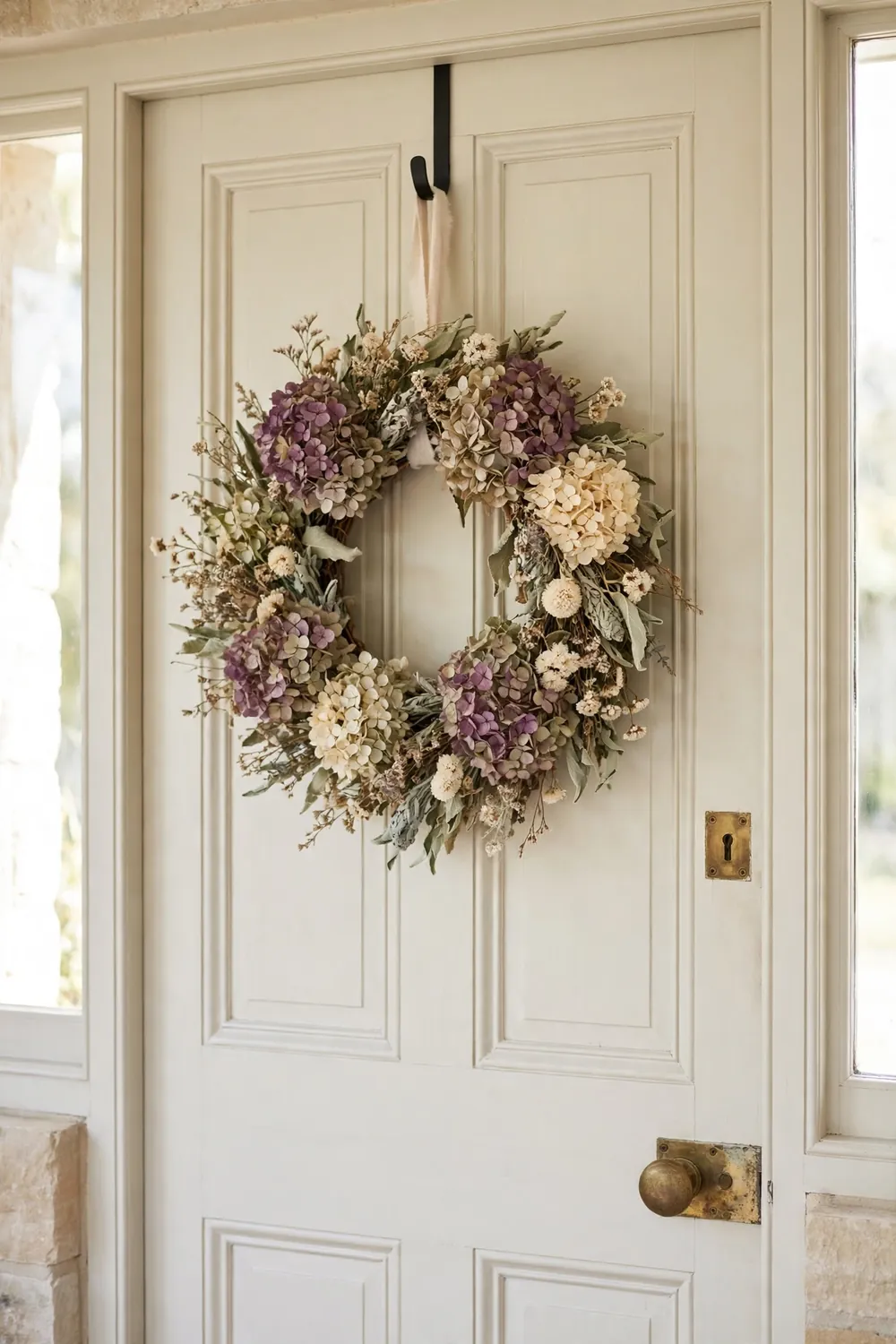 Dried hydrangea fall wreath Fall wreath ideas with a dried hydrangea wreath in soft mauve tones