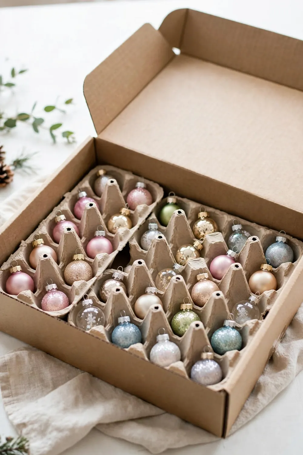Egg Carton Ornament Storage Small Christmas ornaments stored safely in cardboard egg cartons inside a bin, a clever holiday decor storage idea