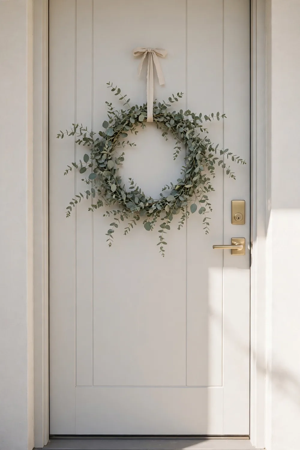 Modern eucalyptus Christmas wreath ideas with minimalist green leaves on a light door