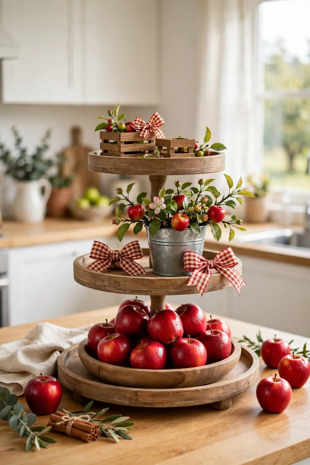 Fall tiered tray decor with an apple harvest theme and red apples in a bowl