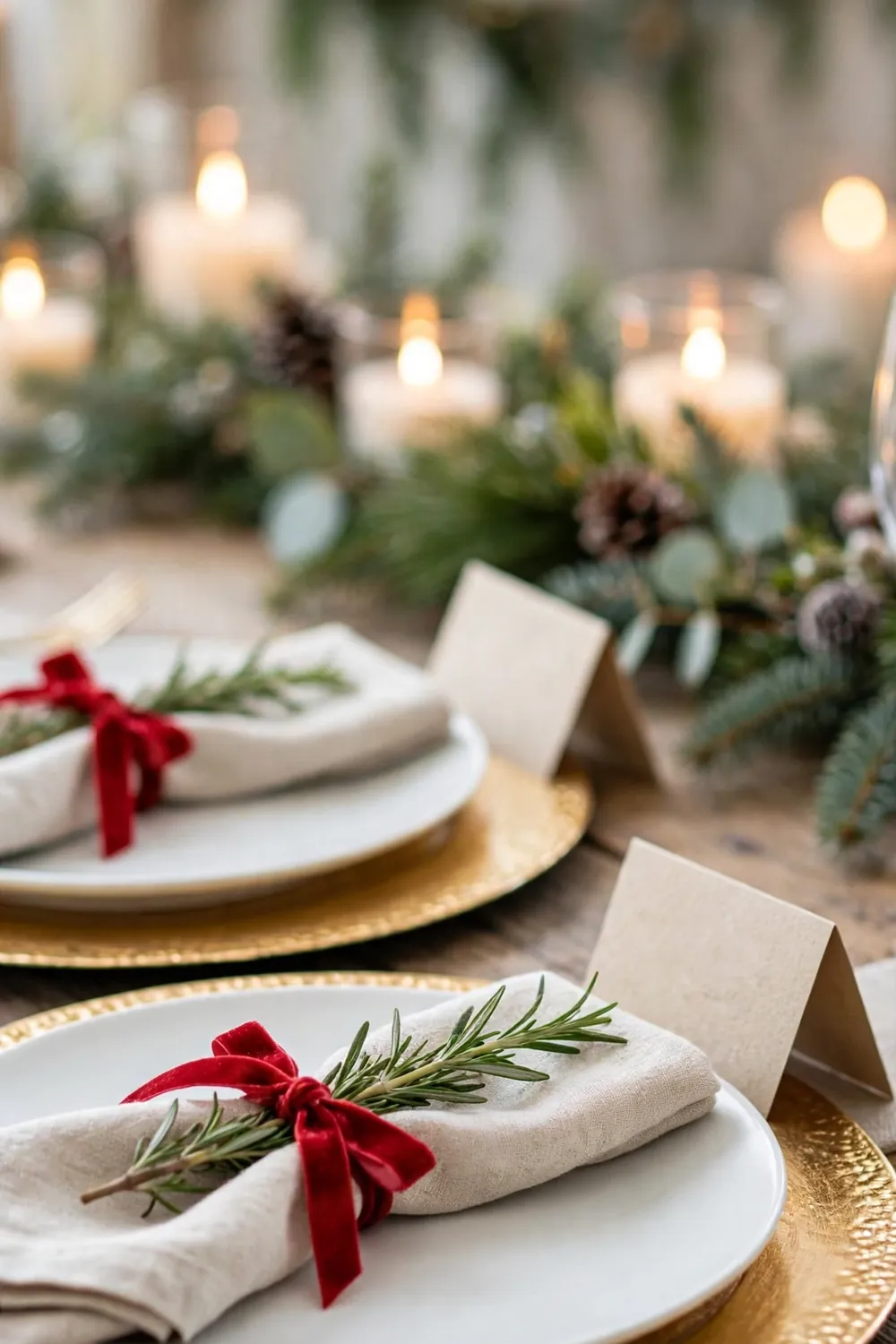 Christmas dining room decor, festive place settings Christmas dining room decor with festive place settings, gold chargers and ribbon tied napkins