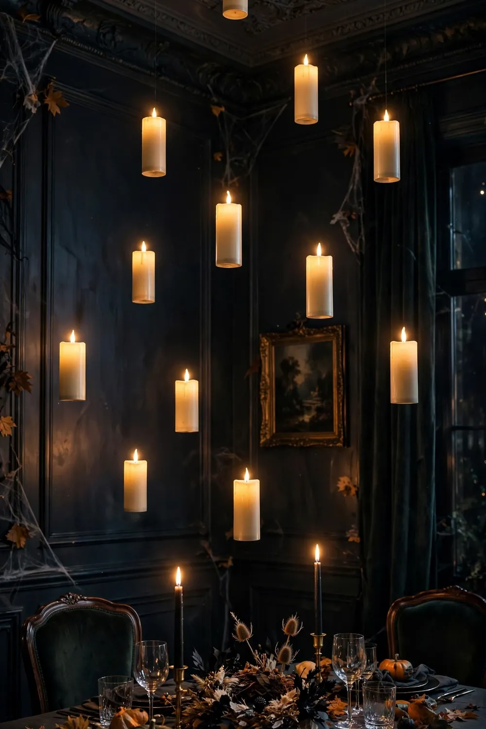 Floating LED candles hung from the ceiling with fishing line, a trending last minute halloween decor idea