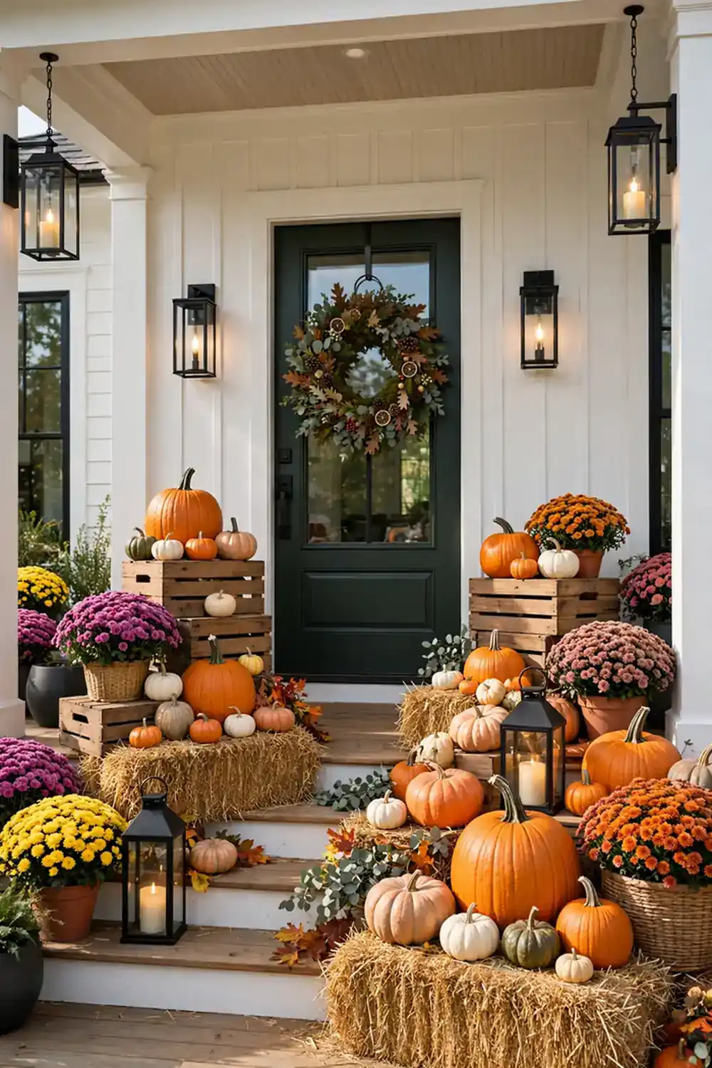 Layered front porch display of pumpkins in all sizes on hay bales with mums and lanterns at dusk, a classic halloween pumpkin decor idea