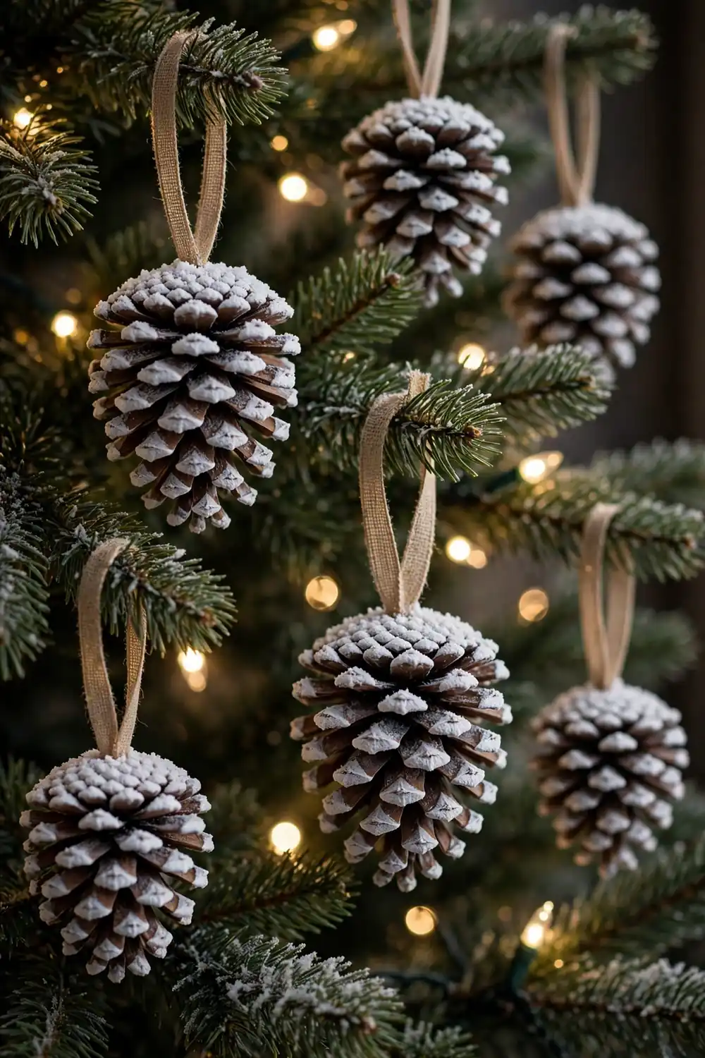 Frosted pinecone ornament with snowy tips, a rustic diy christmas ornament idea