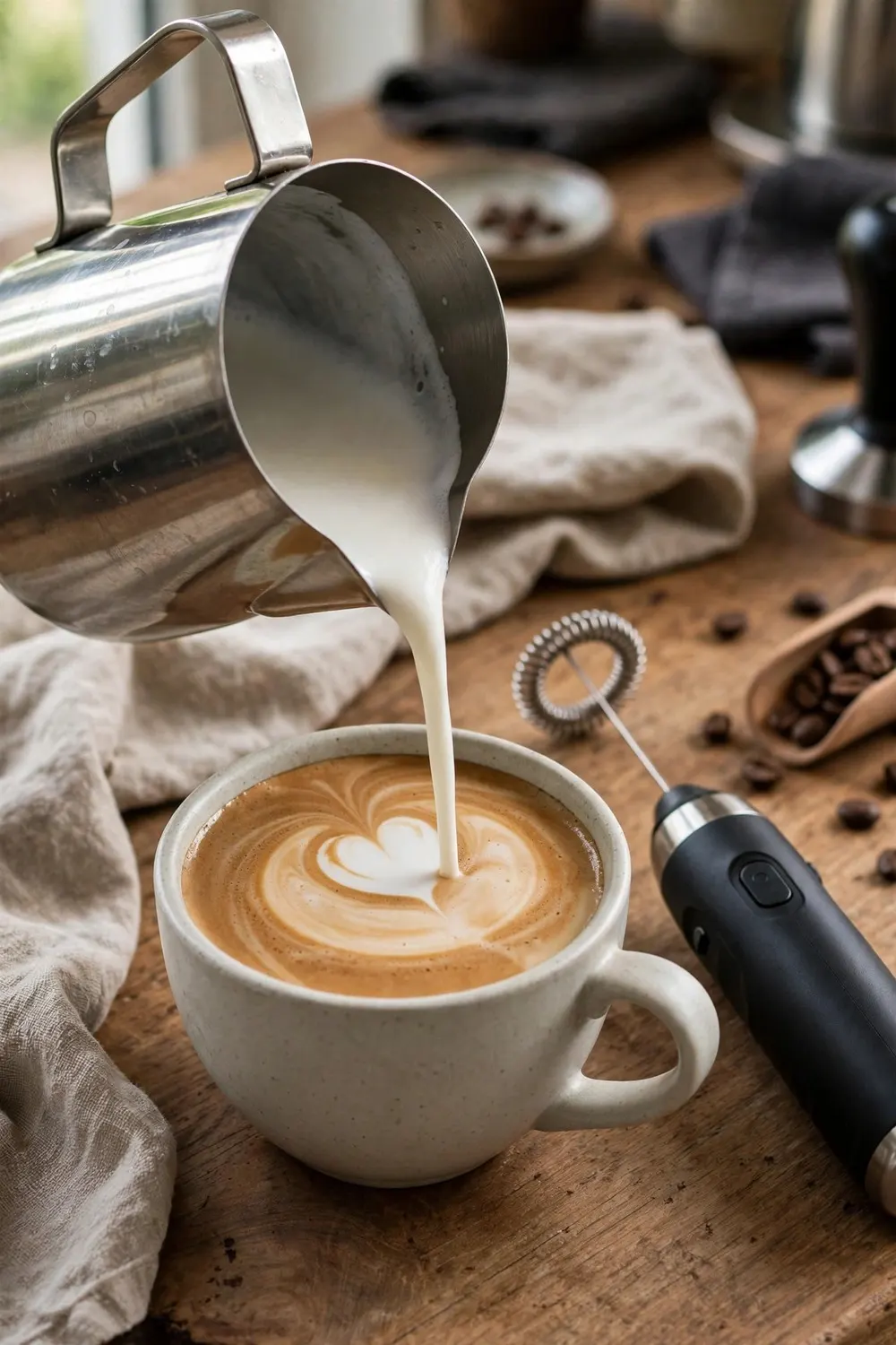 How to set up a coffee station at home with milk frother and latte art
