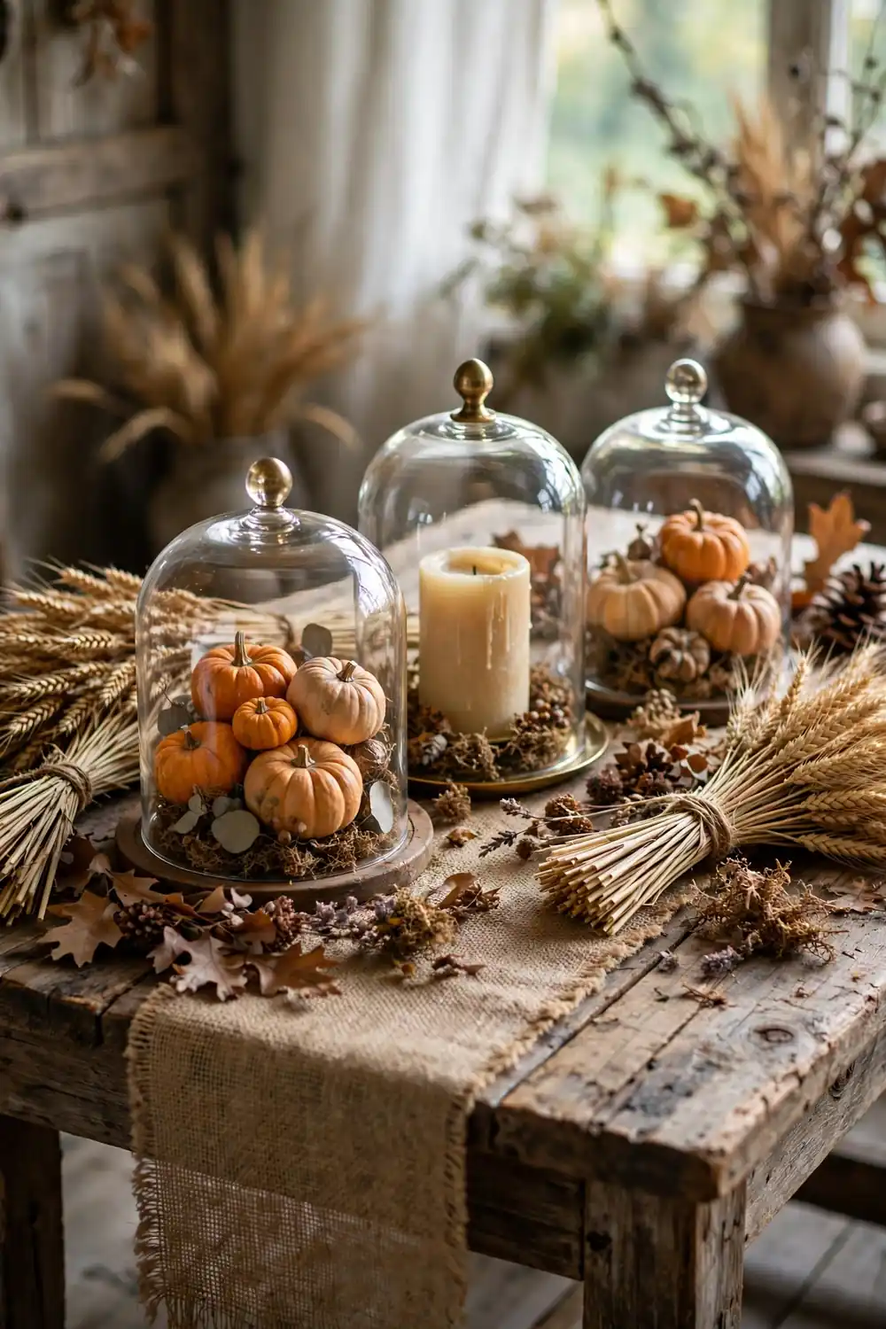 Rustic Halloween table decor with glass cloches over mini pumpkins and candles on a farmhouse table