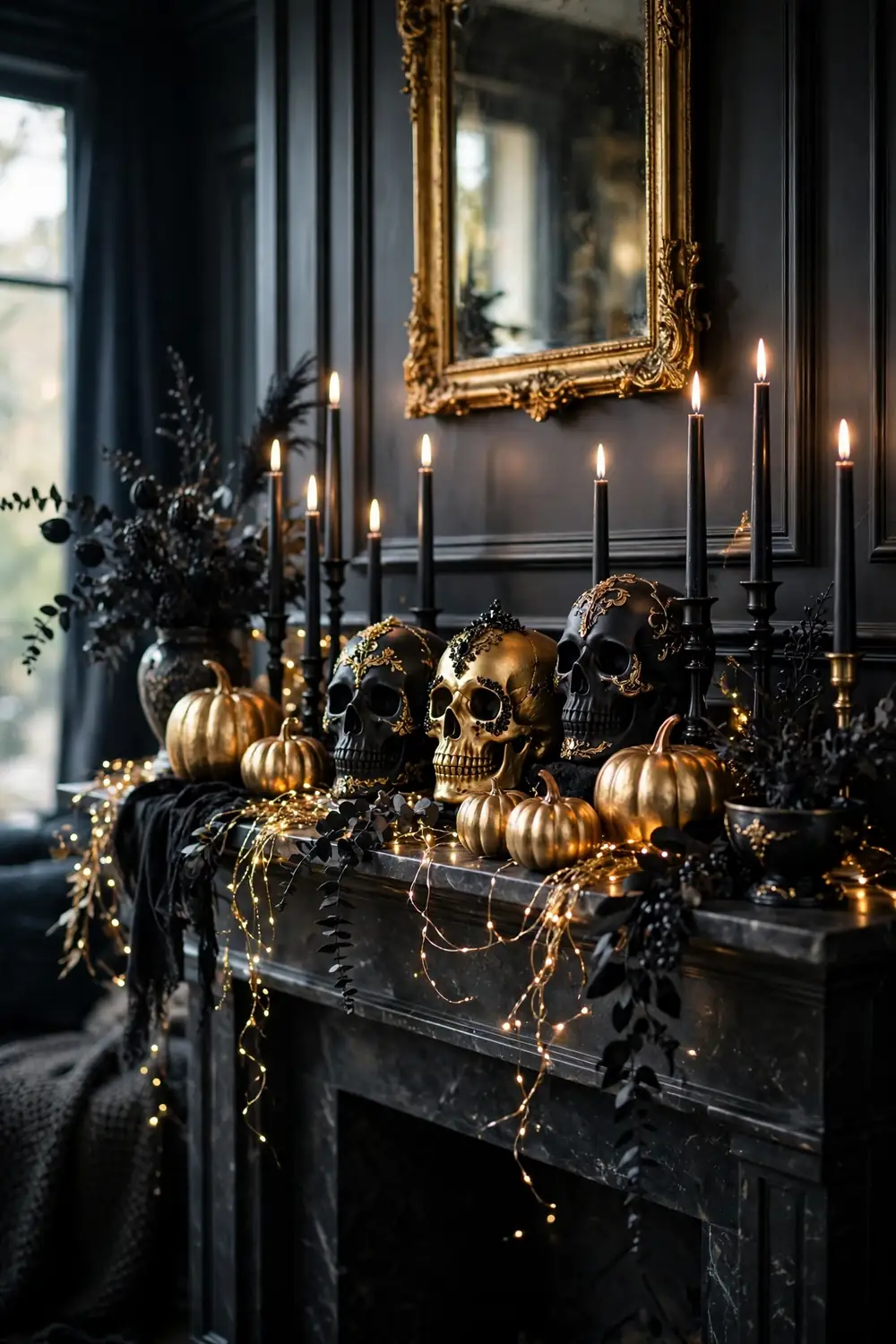 Gold and black skull Halloween mantel decor Glamorous gold and black skull vignette on a Halloween mantel