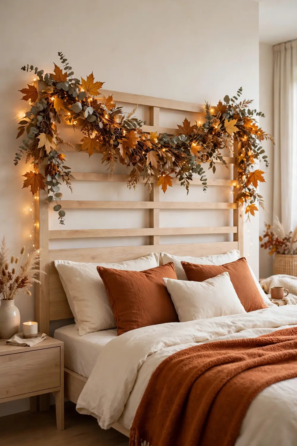 Autumn Leaf Garland Headboard Dried eucalyptus and amber maple leaf garland with fairy lights over a wooden headboard, fall bedroom decor idea