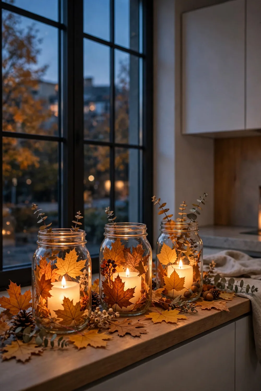 Mason Jar Candles Windowsill Mason jars with LED candles and fall leaves on a kitchen windowsill at dusk, Thanksgiving kitchen decor