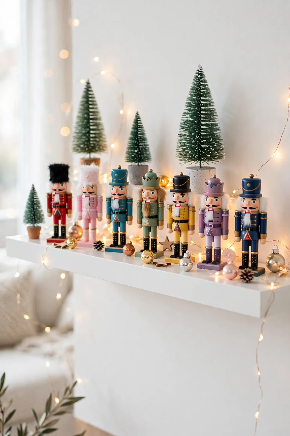 Mini nutcracker christmas decor ideas in assorted colors on a shelf with tiny trees and fairy lights