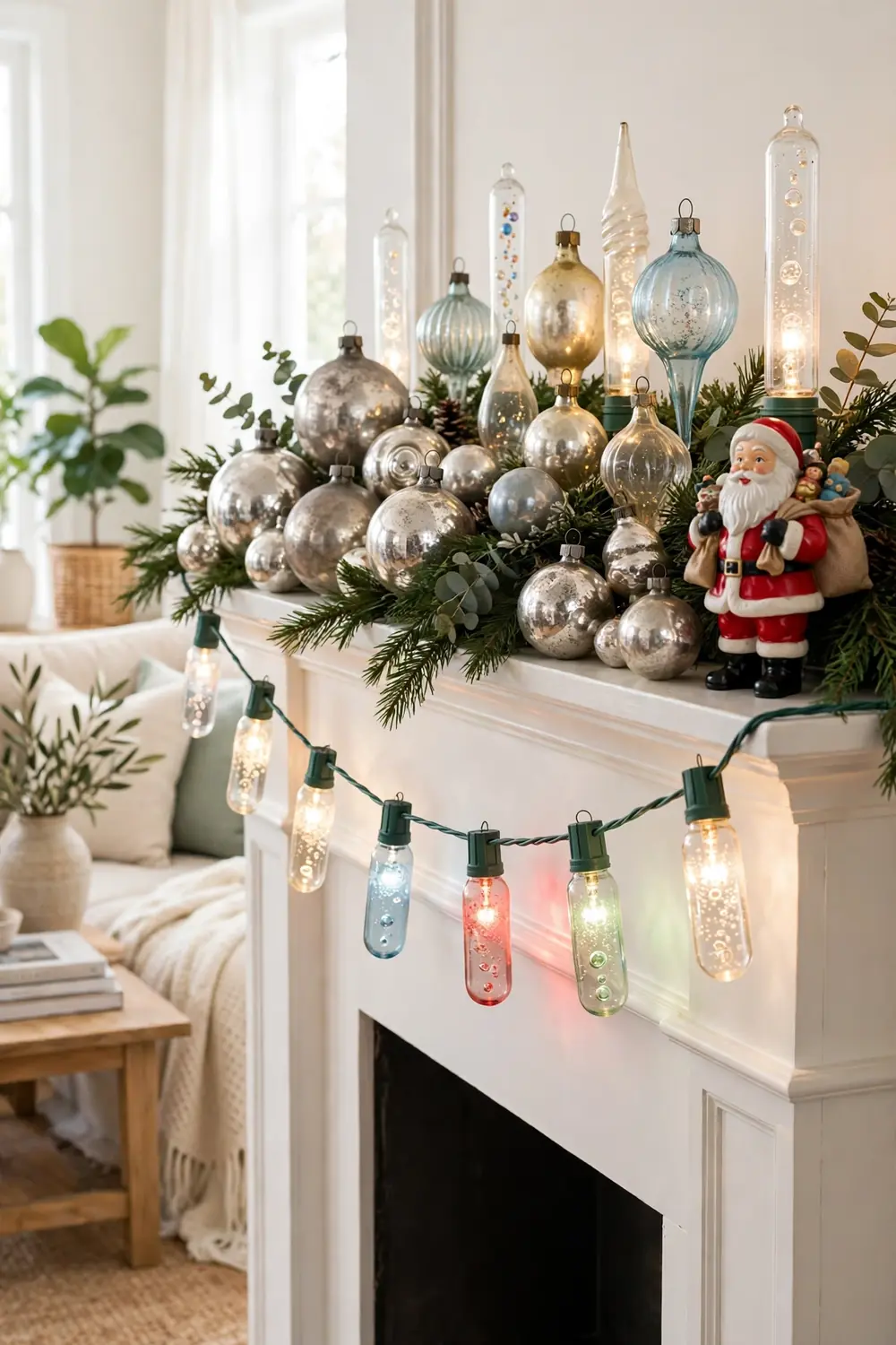 Nostalgic Vintage Ornament Christmas Mantel Nostalgic vintage Christmas mantel decor ideas with old glass ornaments