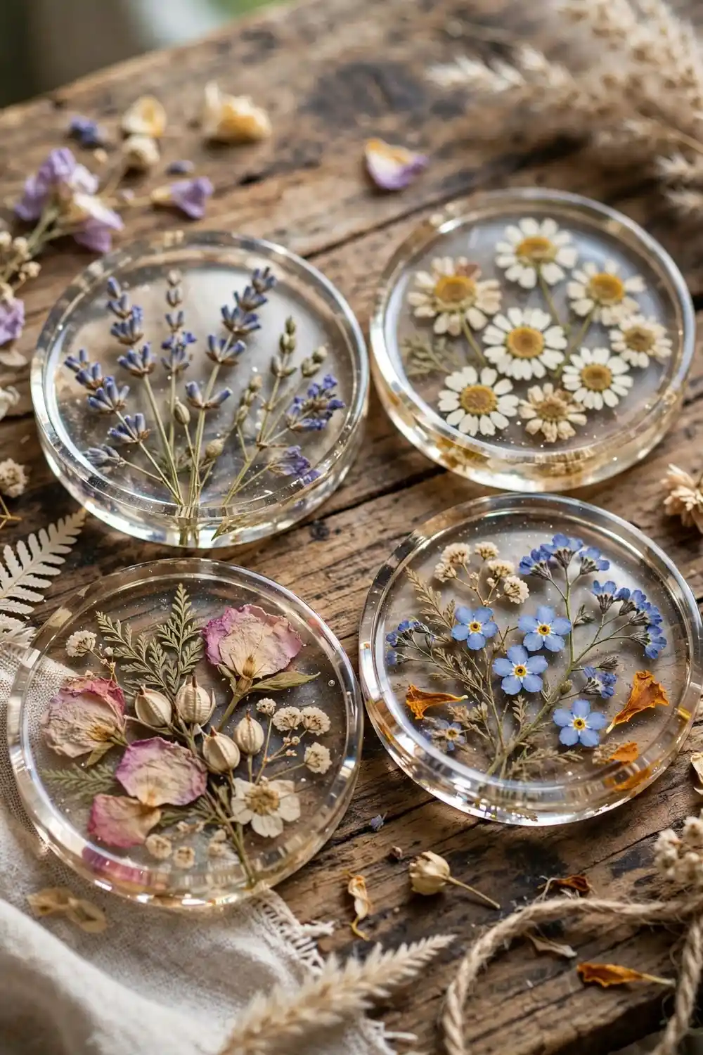 Clear resin coasters with pressed flowers inside on wooden table
