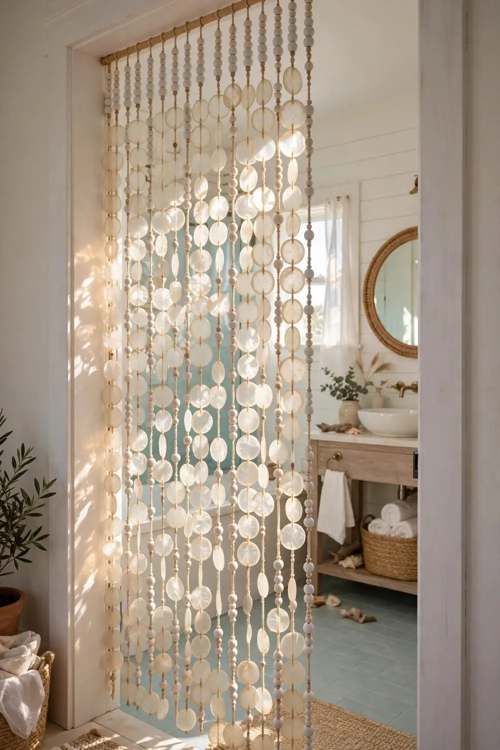 Capiz shell beaded curtain in coastal bathroom doorway