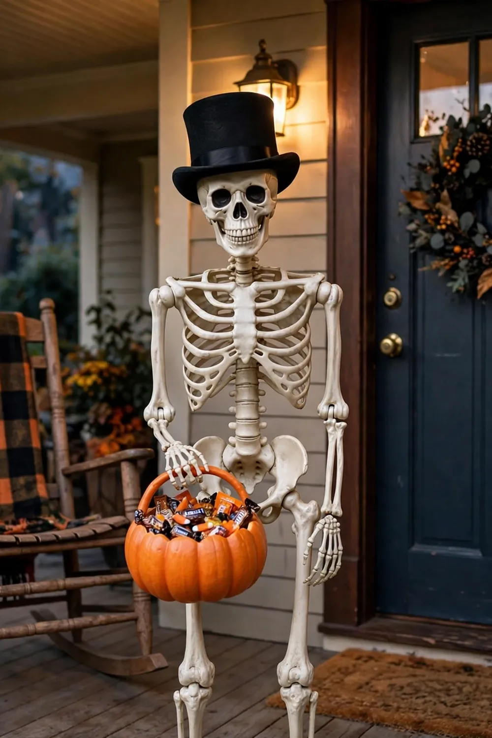 Skeleton Door Greeter Life-size skeleton in a top hat greeting guests beside a front door with a pumpkin candy bowl, fun halloween front porch decor