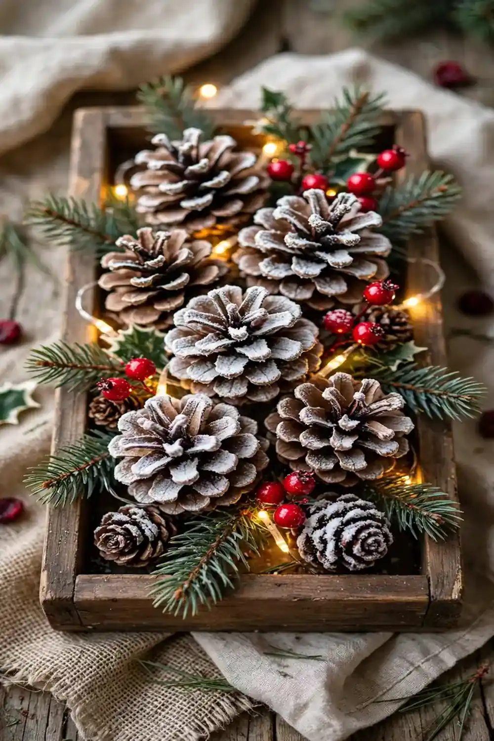 Snowy Pinecone Centerpiece Snowy pinecone Christmas centerpiece with berries and fairy lights in a wooden tray, rustic dollar tree christmas decor diy