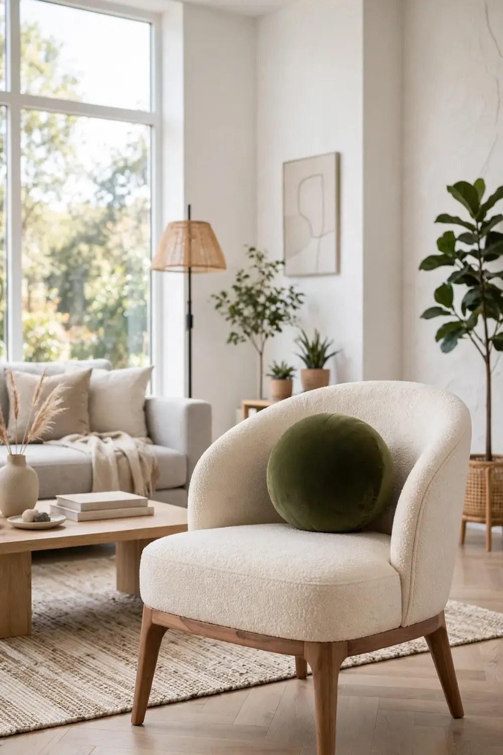 Olive green velvet sphere pillow styling ideas as accent on a modern chair