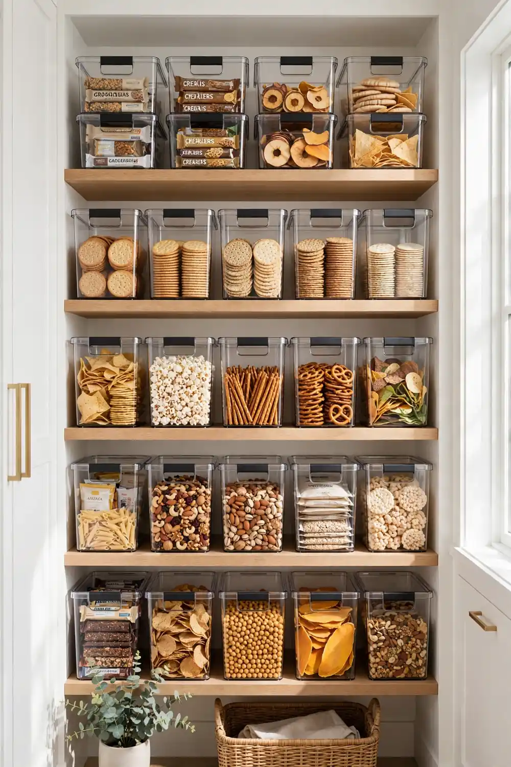 Pantry shelves with stackable clear bins with handles holding snacks and packets