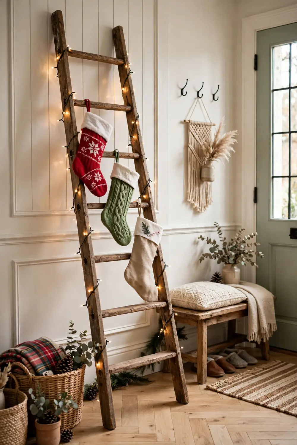 Wooden ladder holding Christmas stockings against an entryway wall