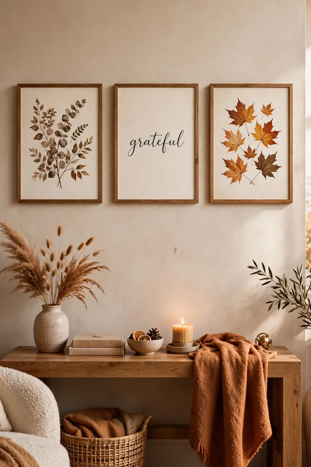 Framed gratitude quote wall art above a console, thanksgiving living room decor ideas